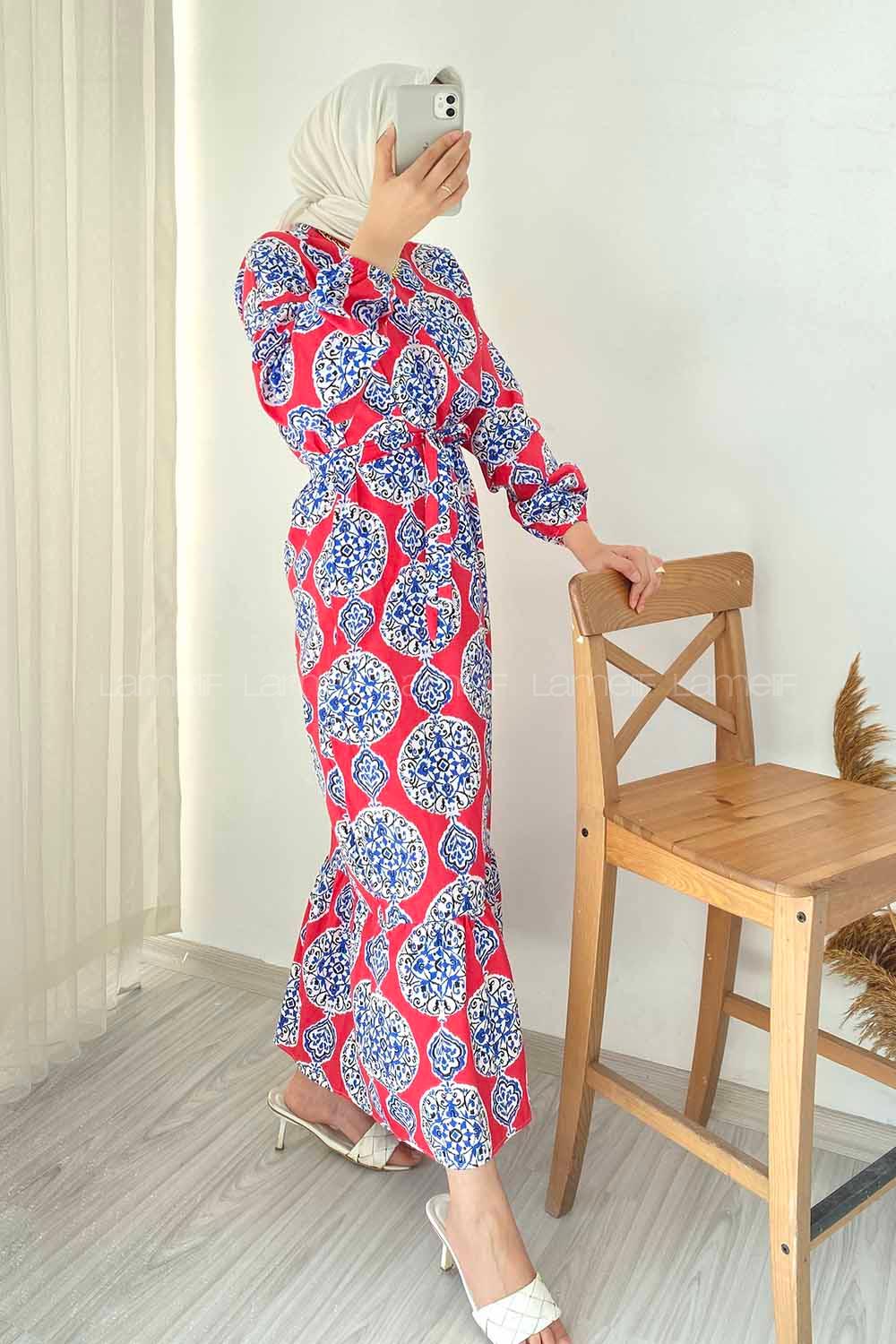 Modalamelif Bisiklet Yaka Kilim Desen Beli Kuşaklı Fırfırlı Elbise  Kırmızı