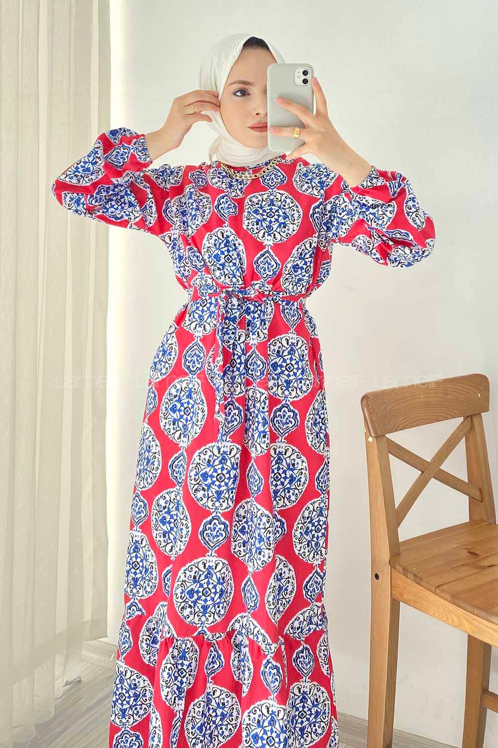 Modalamelif Bisiklet Yaka Kilim Desen Beli Kuşaklı Fırfırlı Elbise  Kırmızı