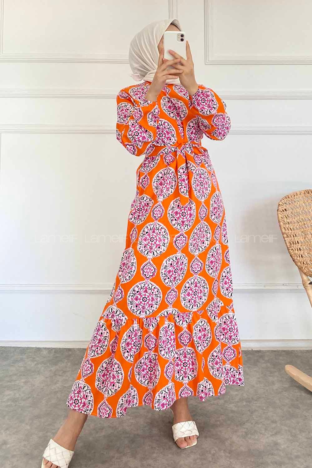 Modalamelif Bisiklet Yaka Kilim Desen Beli Kuşaklı Fırfırlı Elbise  Oranj