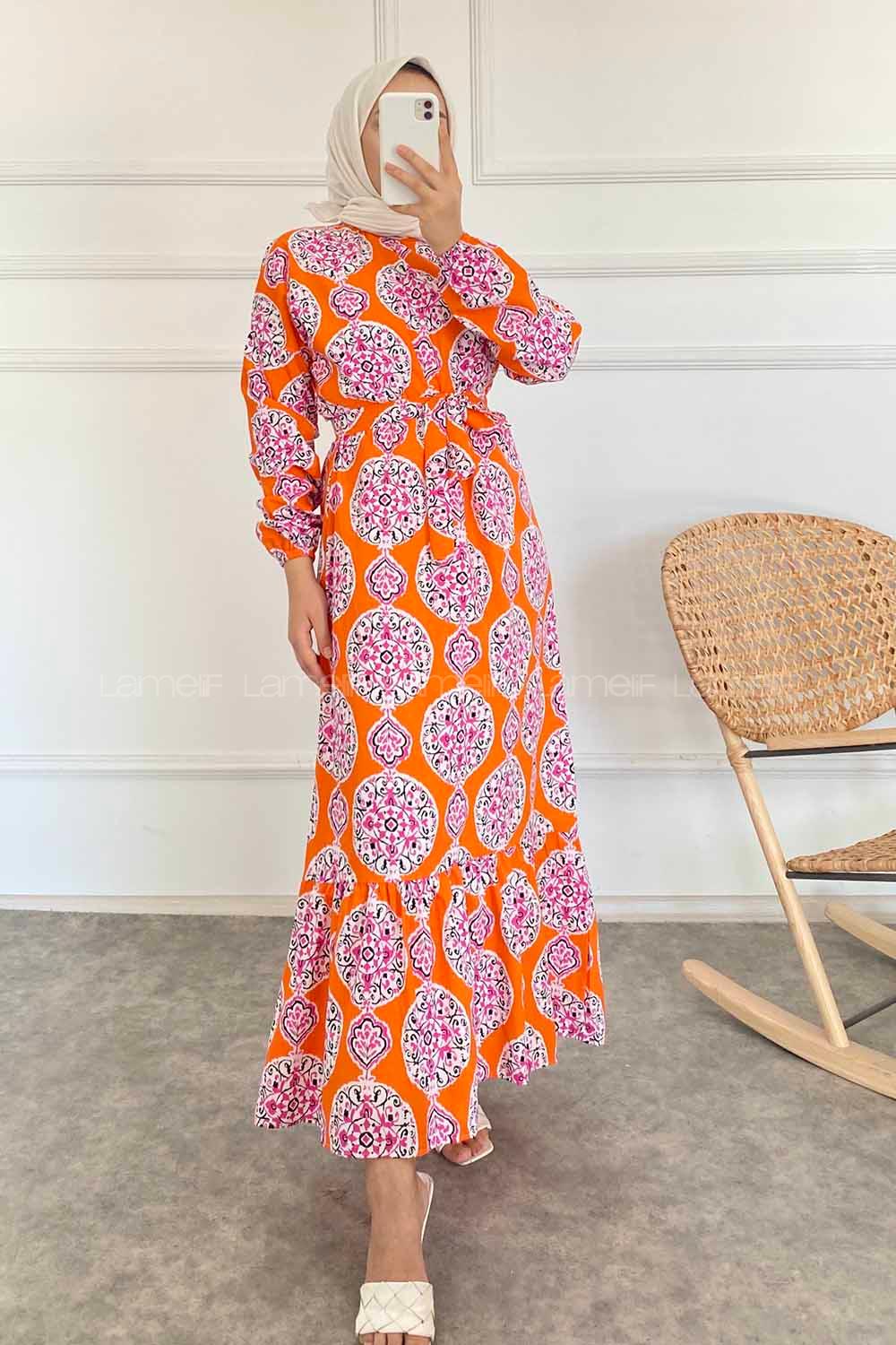 Modalamelif Bisiklet Yaka Kilim Desen Beli Kuşaklı Fırfırlı Elbise  Oranj