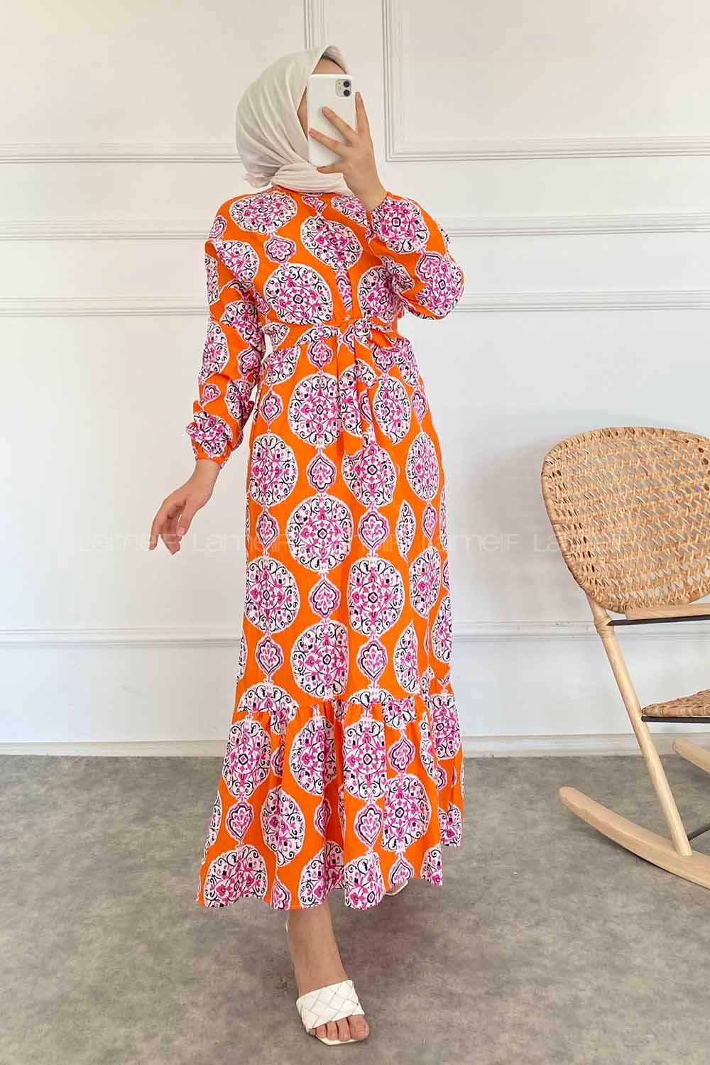 Modalamelif Bisiklet Yaka Kilim Desen Beli Kuşaklı Fırfırlı Elbise  Oranj