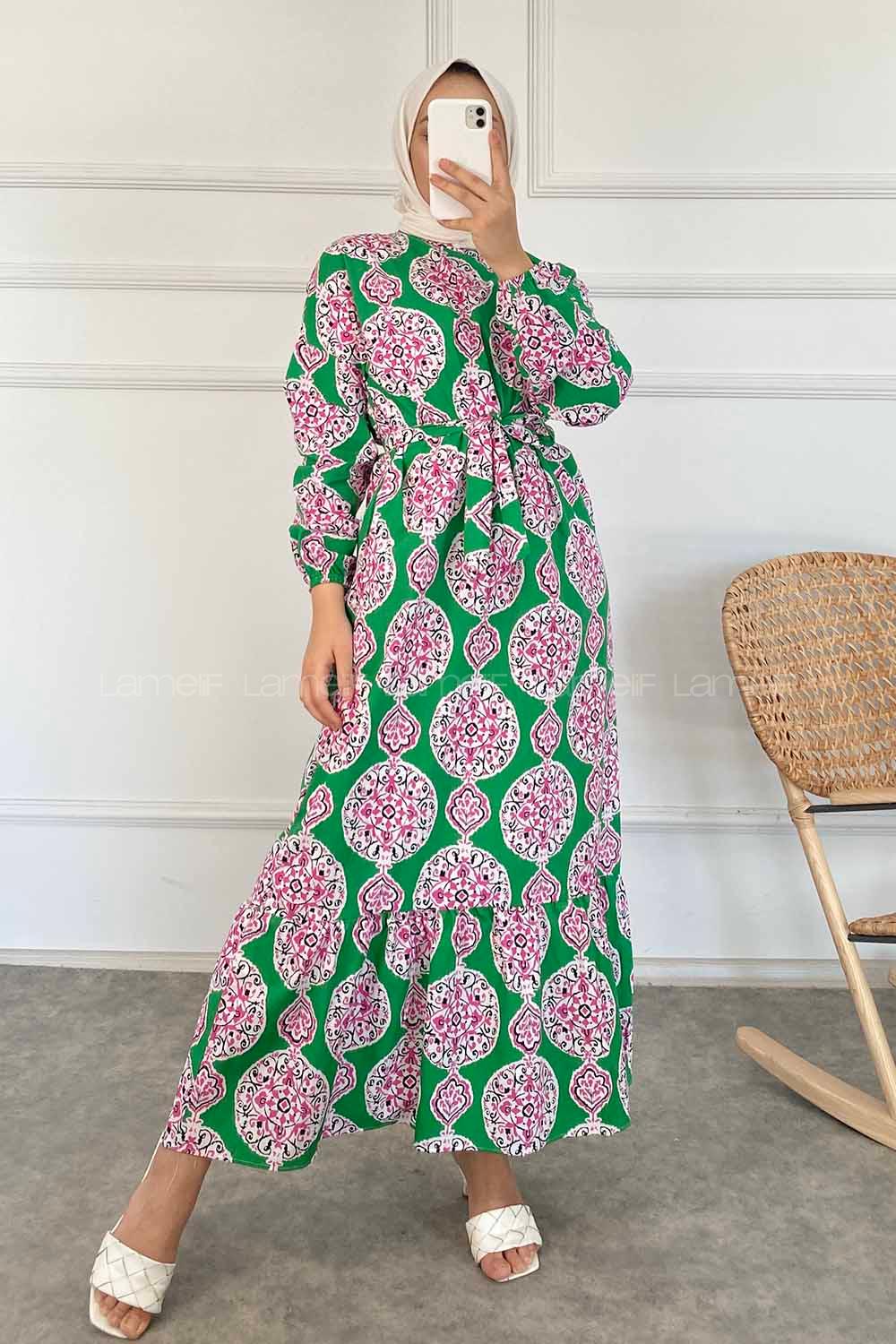 Modalamelif Bisiklet Yaka Kilim Desen Beli Kuşaklı Fırfırlı Elbise  Yeşil