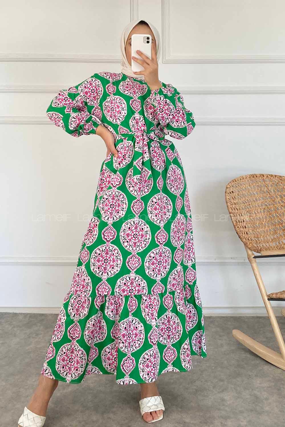 Modalamelif Bisiklet Yaka Kilim Desen Beli Kuşaklı Fırfırlı Elbise  Yeşil