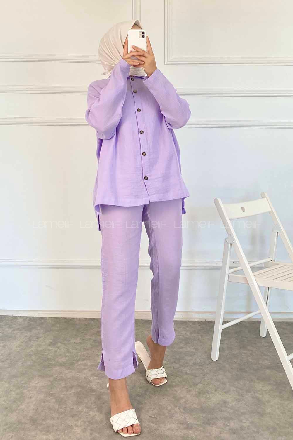 Modalamelif Boydan Düğmeli Önü Kısa Arkası Uzun İkili Takım Lila