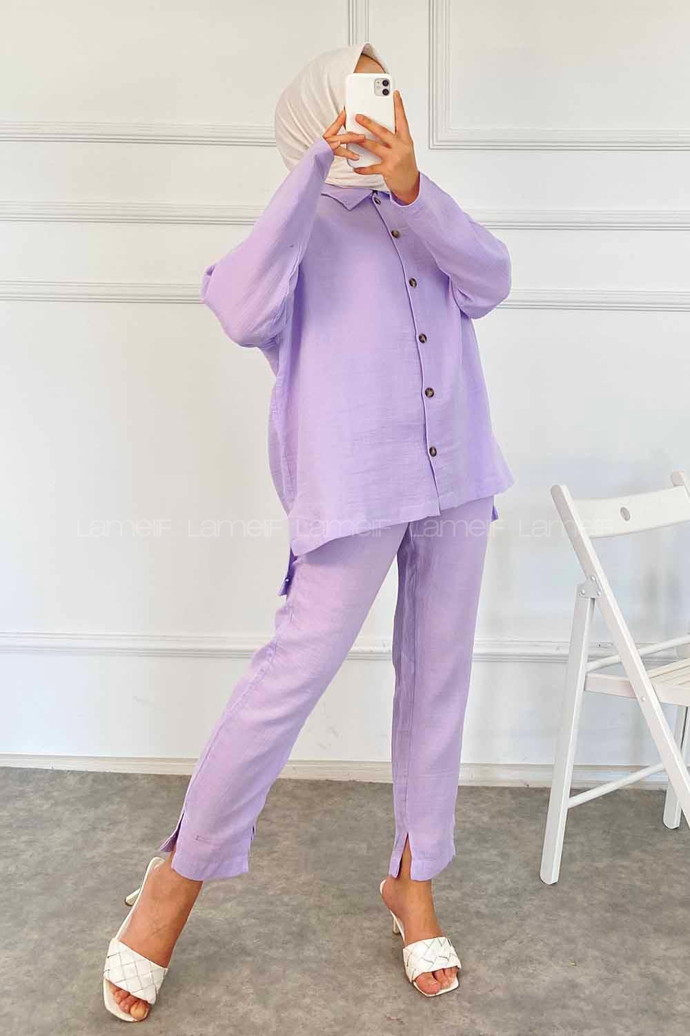 Modalamelif Boydan Düğmeli Önü Kısa Arkası Uzun İkili Takım Lila