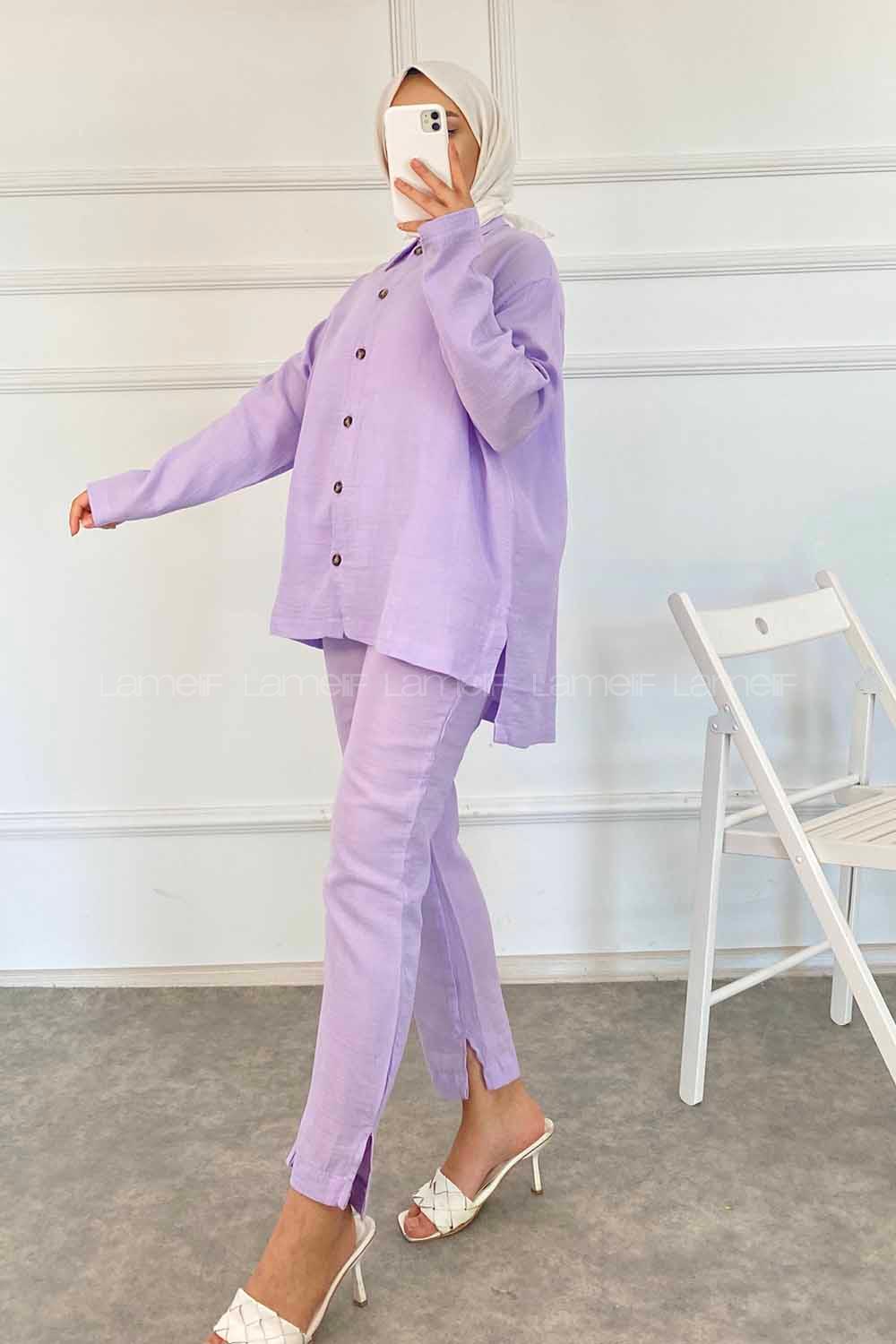 Modalamelif Boydan Düğmeli Önü Kısa Arkası Uzun İkili Takım Lila