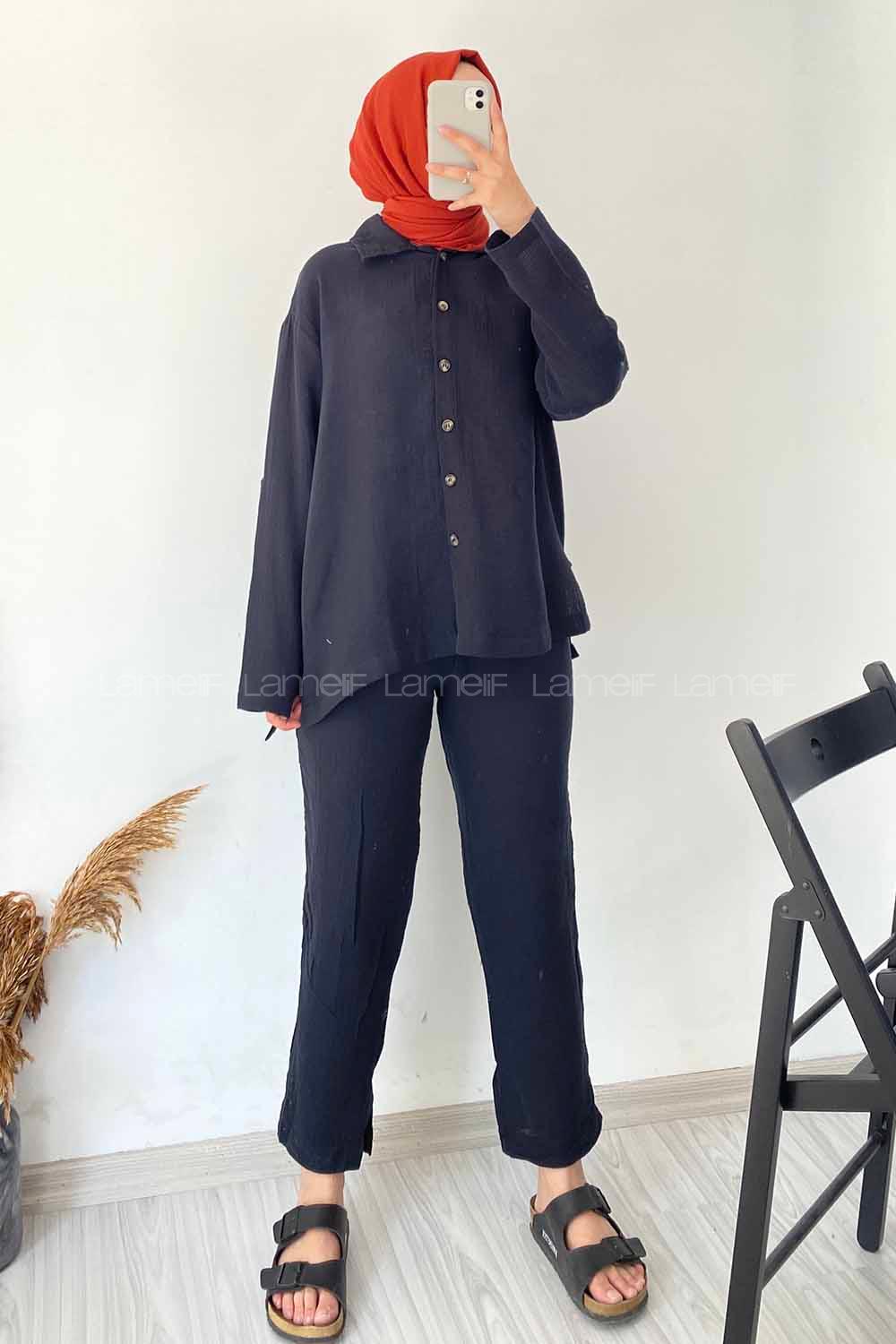 Modalamelif Boydan Düğmeli Önü Kısa Arkası Uzun İkili Takım Siyah