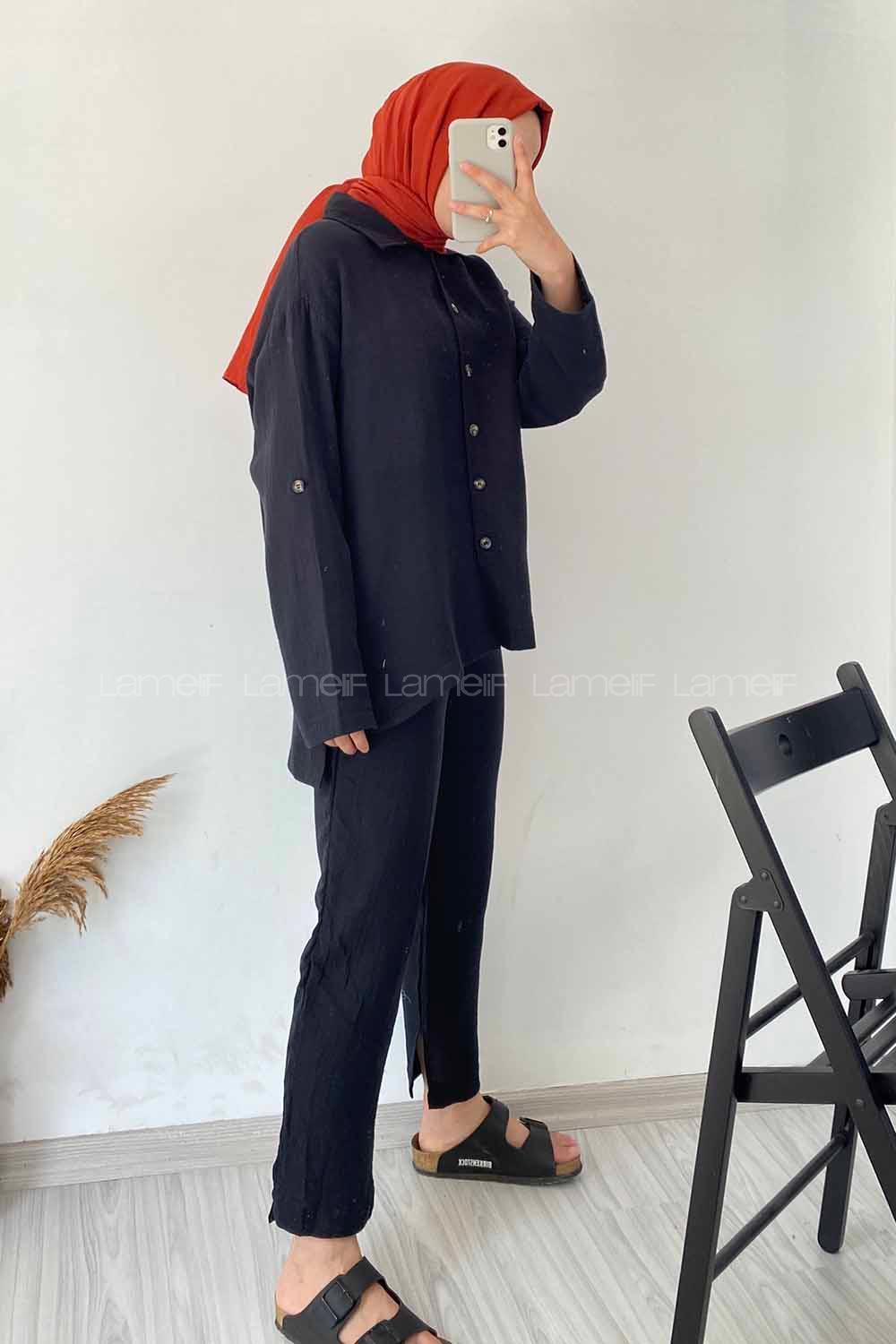 Modalamelif Boydan Düğmeli Önü Kısa Arkası Uzun İkili Takım Siyah