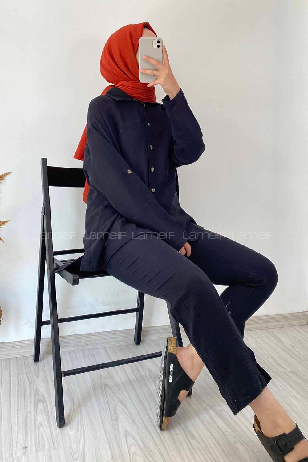 Modalamelif Boydan Düğmeli Önü Kısa Arkası Uzun İkili Takım Siyah