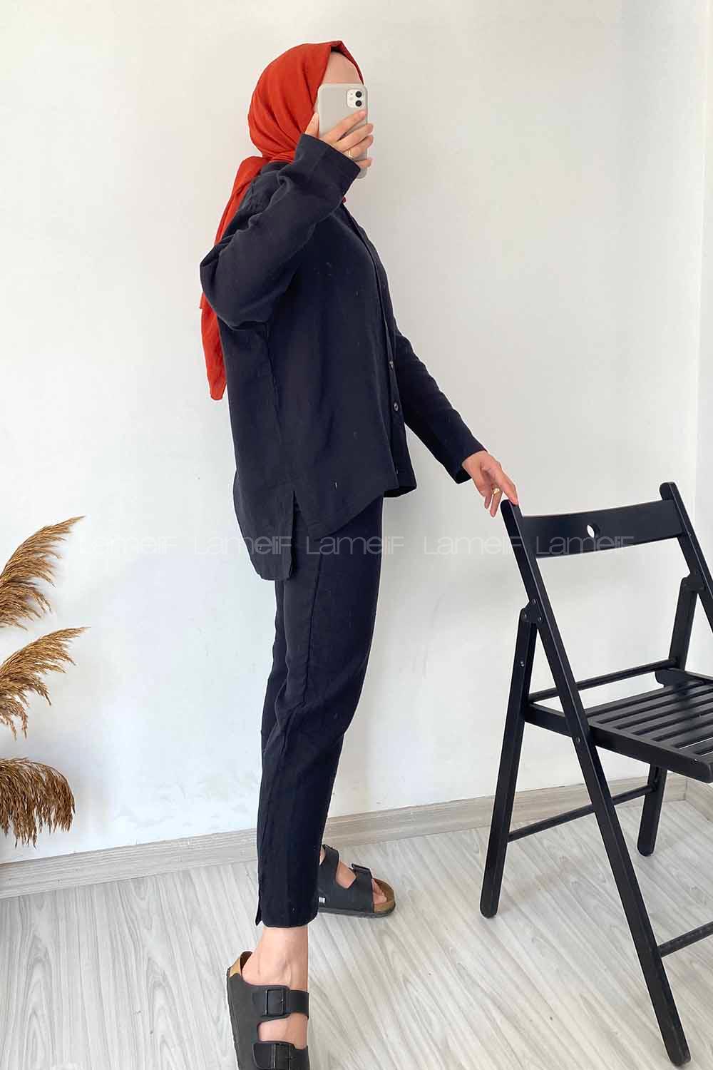 Modalamelif Boydan Düğmeli Önü Kısa Arkası Uzun İkili Takım Siyah