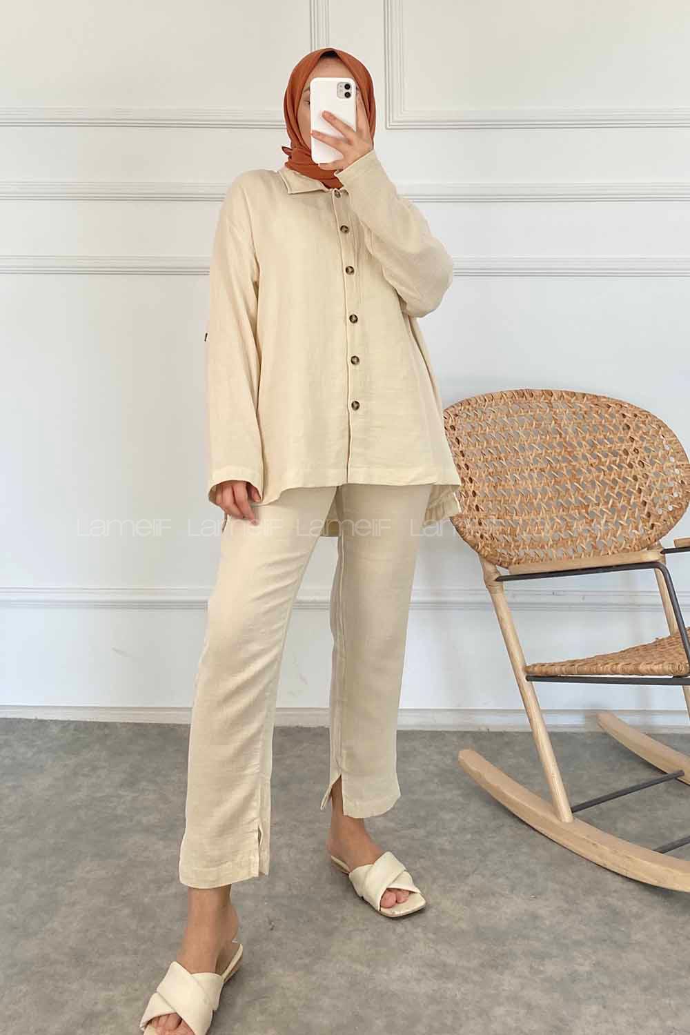 Modalamelif Boydan Düğmeli Önü Kısa Arkası Uzun İkili Takım Taş