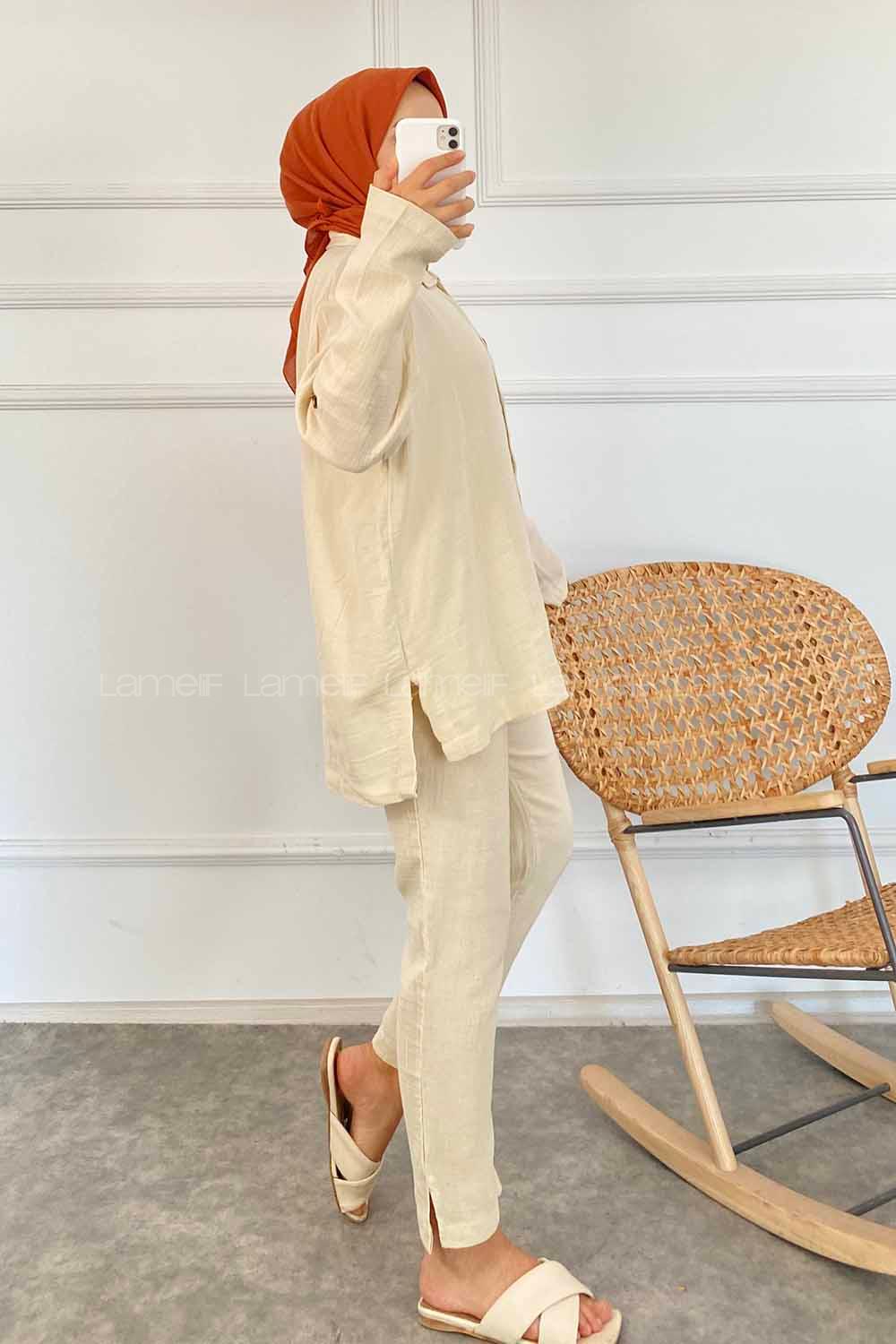 Modalamelif Boydan Düğmeli Önü Kısa Arkası Uzun İkili Takım Taş