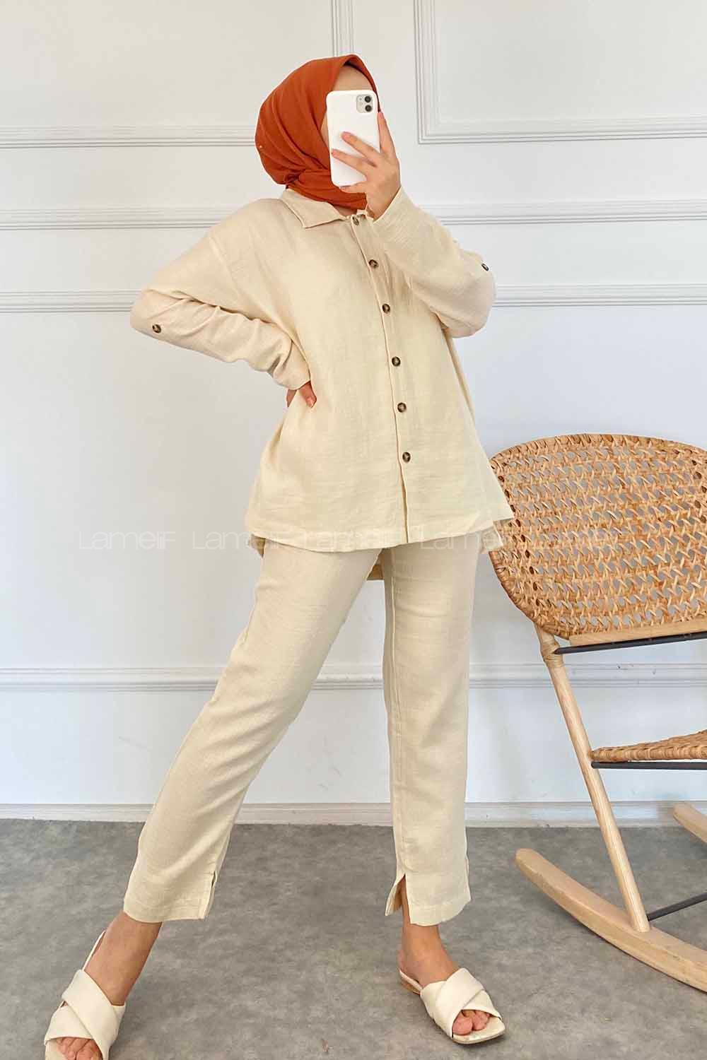 Modalamelif Boydan Düğmeli Önü Kısa Arkası Uzun İkili Takım Taş