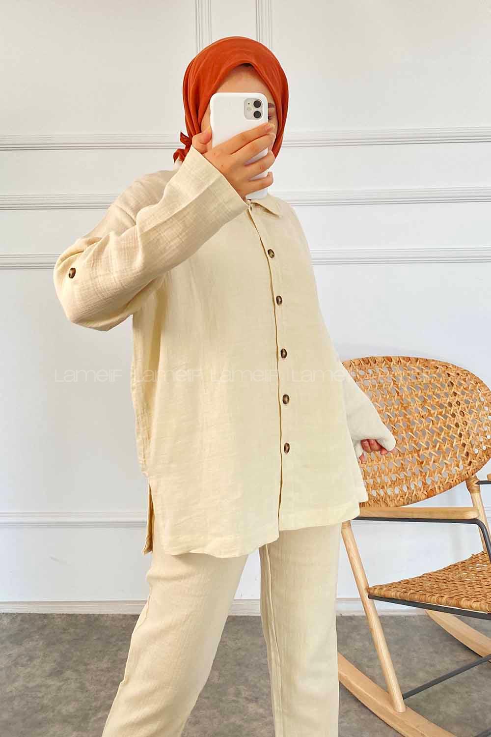 Modalamelif Boydan Düğmeli Önü Kısa Arkası Uzun İkili Takım Taş