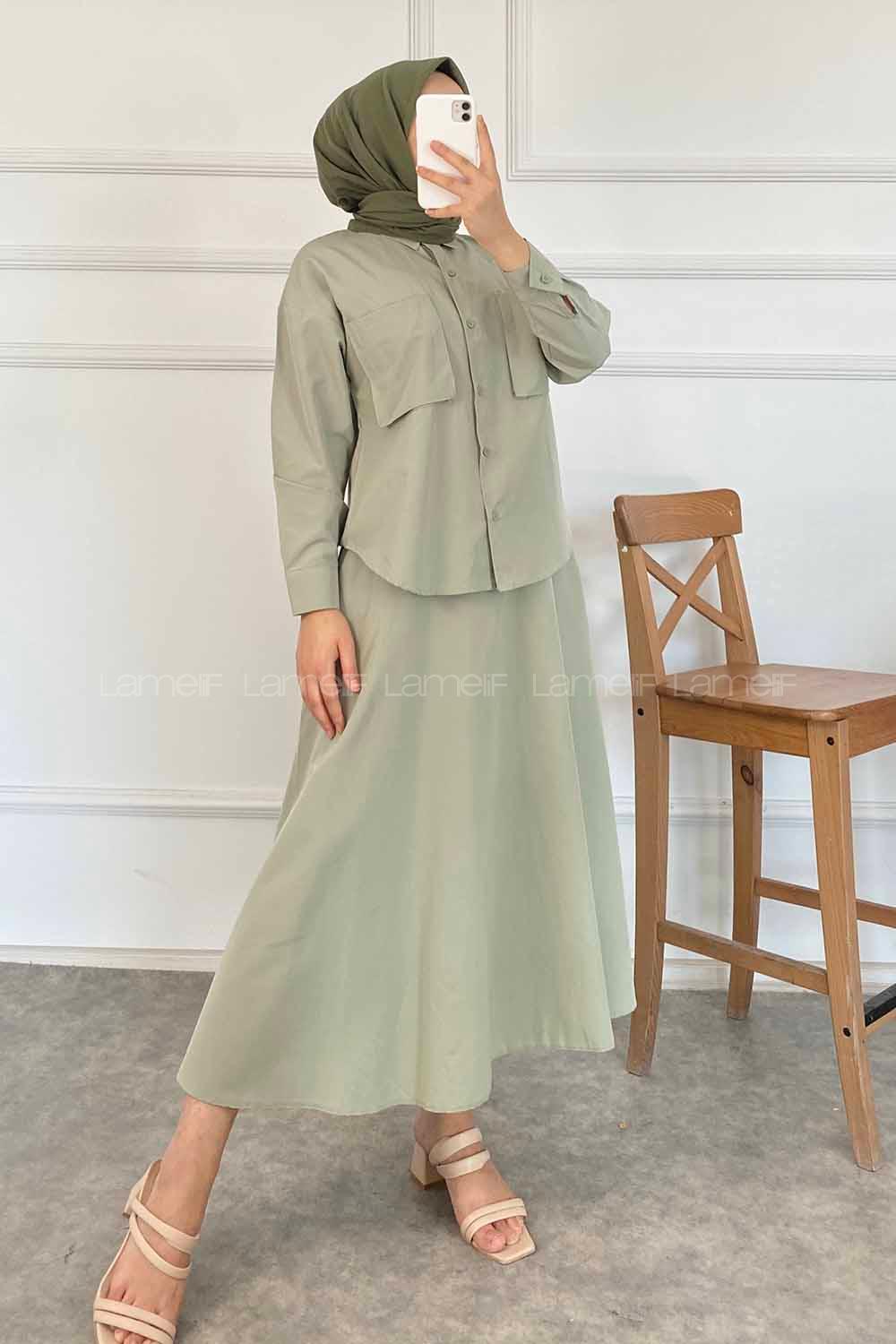 Modalamelif Çift Cep Detaylı Boydan Düğmeli Etekli Takım Çağla Yeşil