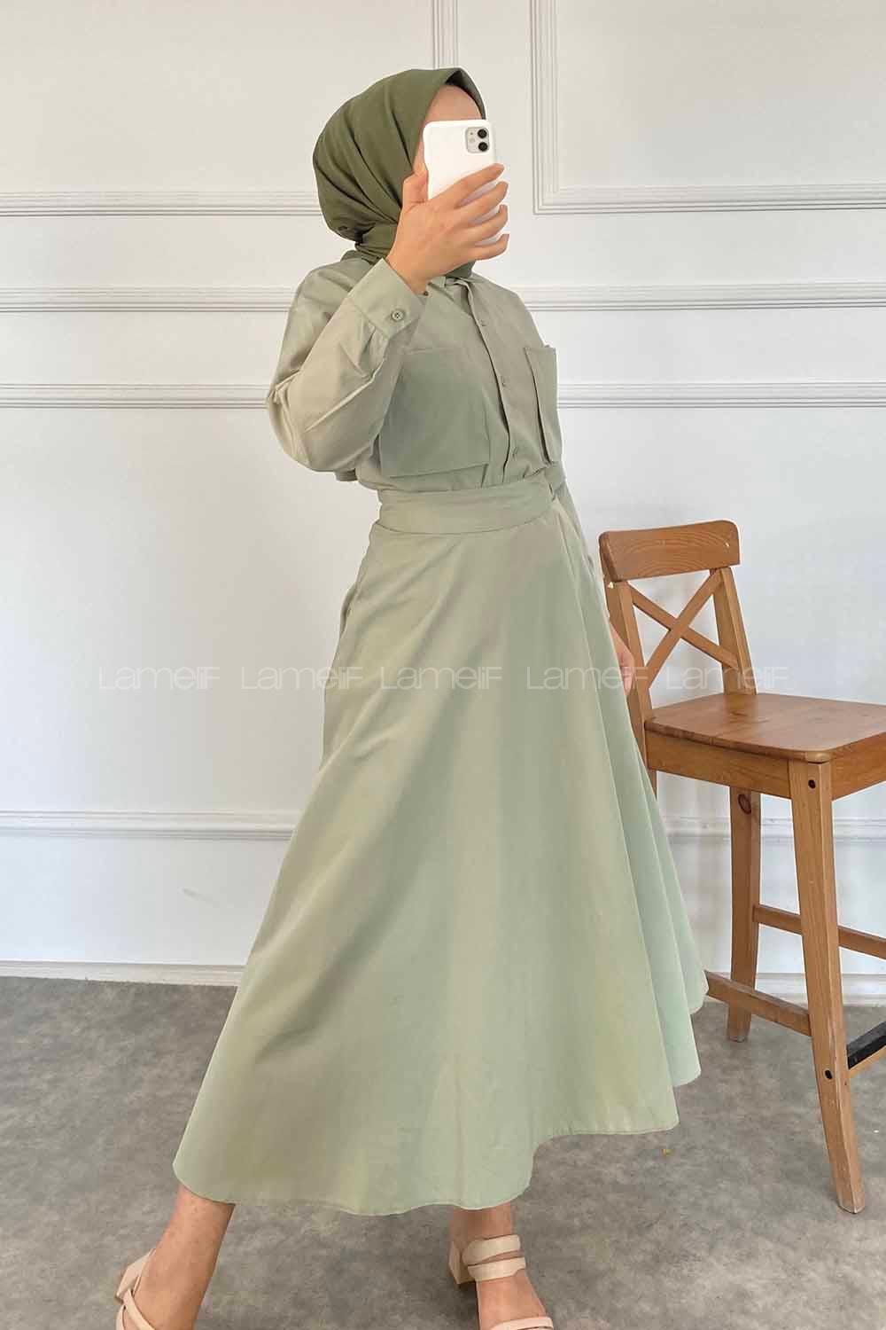 Modalamelif Çift Cep Detaylı Boydan Düğmeli Etekli Takım Çağla Yeşil