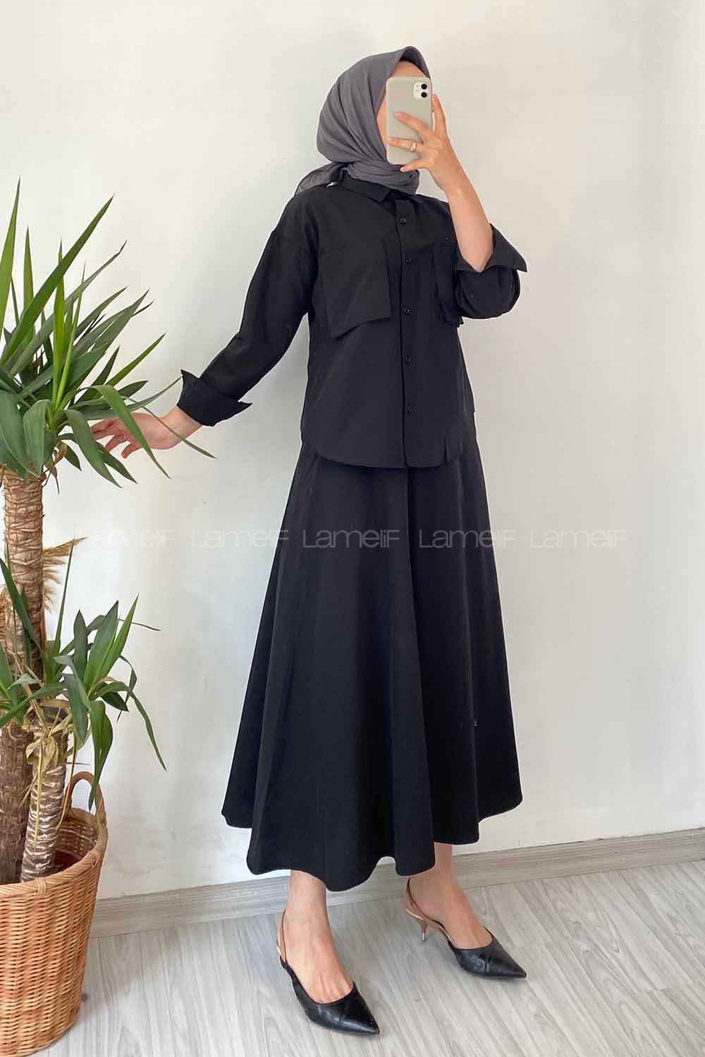 Modalamelif Çift Cep Detaylı Boydan Düğmeli Etekli Takım Siyah