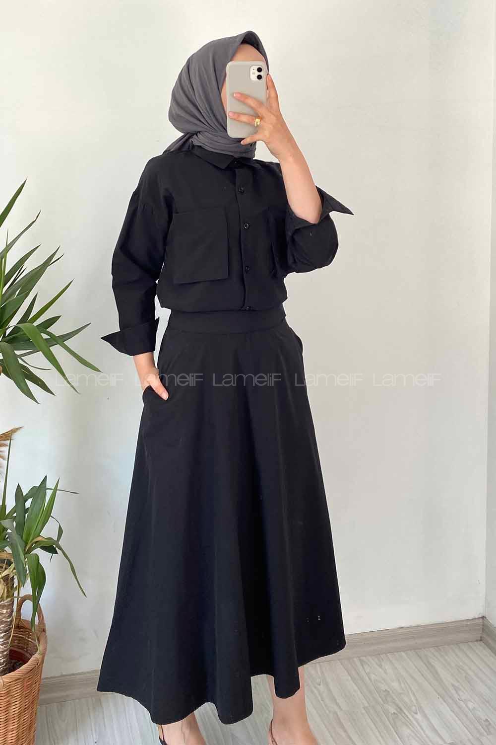 Modalamelif Çift Cep Detaylı Boydan Düğmeli Etekli Takım Siyah