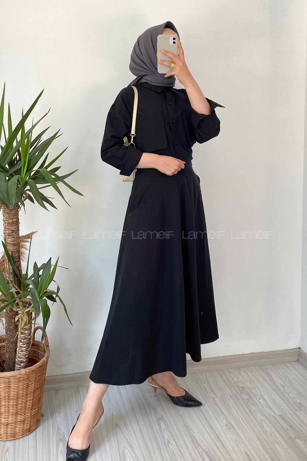 Modalamelif Çift Cep Detaylı Boydan Düğmeli Etekli Takım Siyah