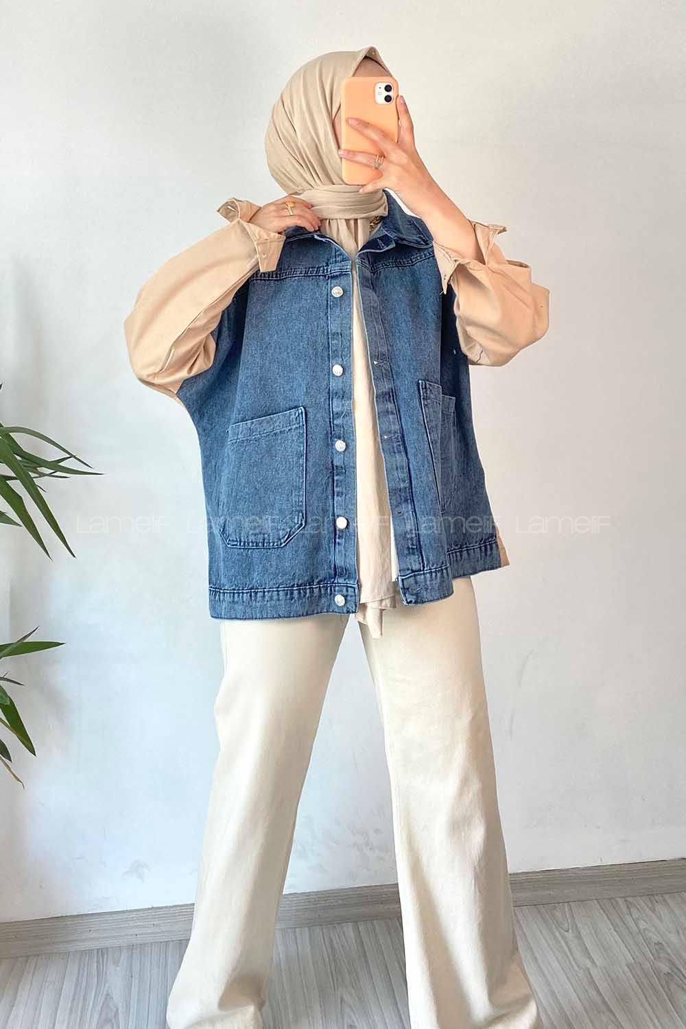 Modalamelif Defıne Yazı Baskılı Çift Cepli Garnili Kot Ceket Krem-Kot Mavisi