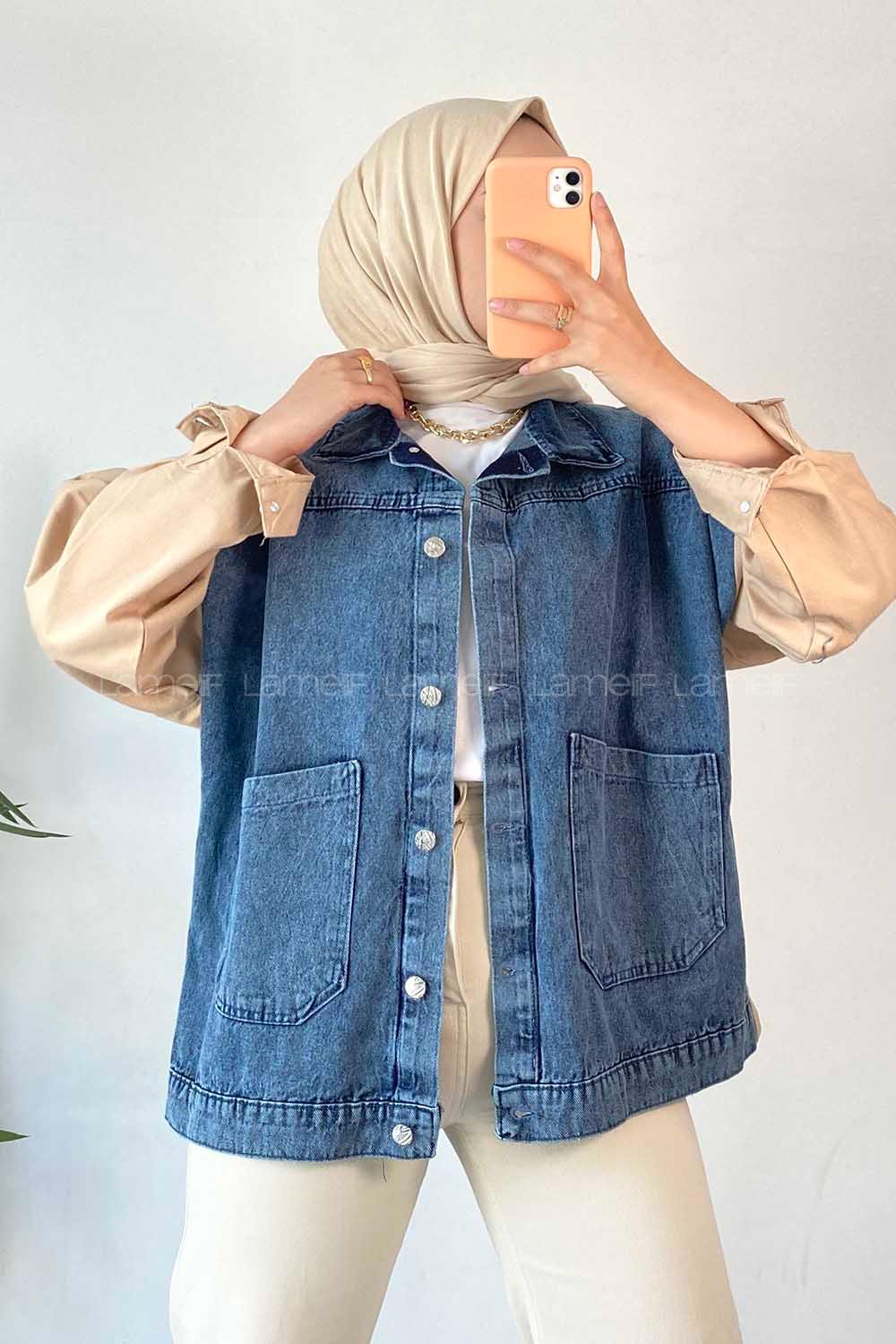 Modalamelif Defıne Yazı Baskılı Çift Cepli Garnili Kot Ceket Krem-Kot Mavisi