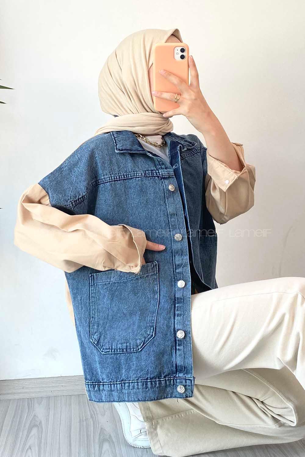 Modalamelif Defıne Yazı Baskılı Çift Cepli Garnili Kot Ceket Krem-Kot Mavisi