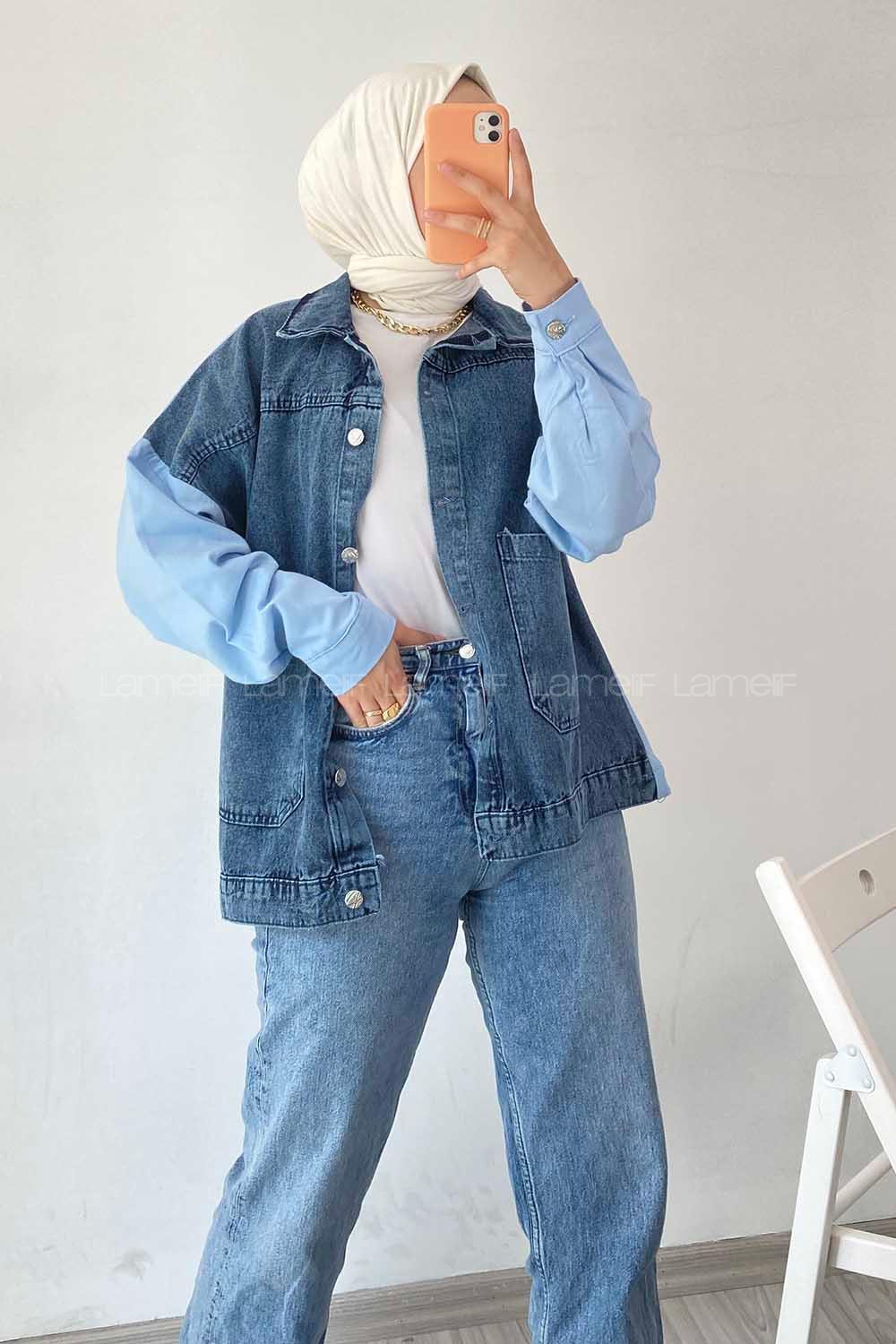 Modalamelif Defıne Yazı Baskılı Çift Cepli Garnili Kot Ceket Mavi-Kot Mavisi