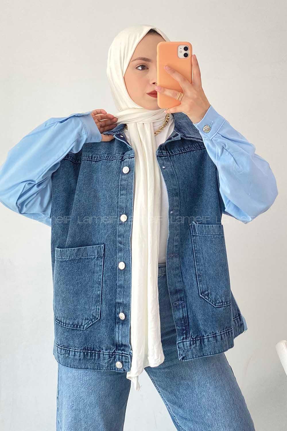 Modalamelif Defıne Yazı Baskılı Çift Cepli Garnili Kot Ceket Mavi-Kot Mavisi