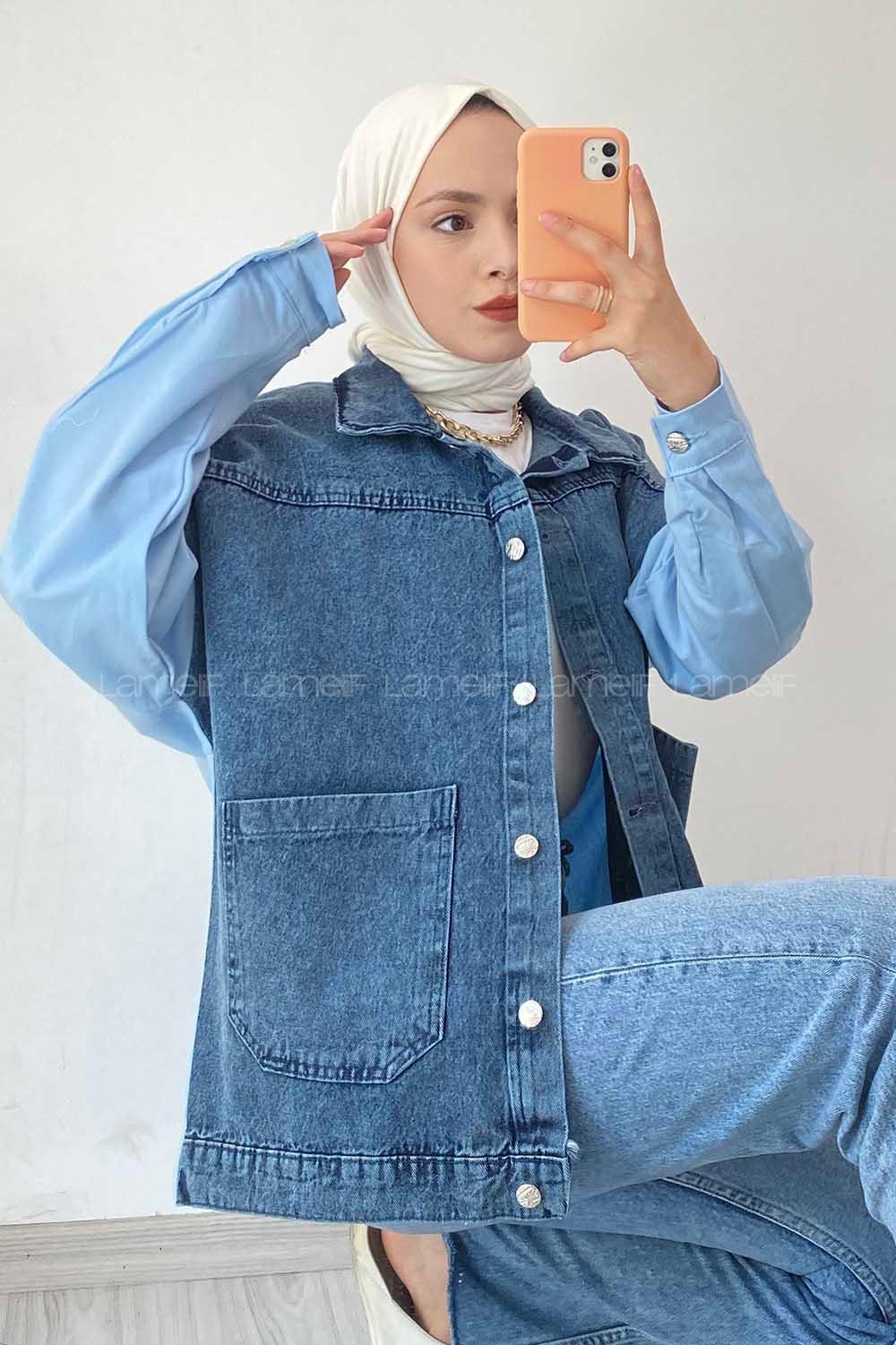 Modalamelif Defıne Yazı Baskılı Çift Cepli Garnili Kot Ceket Mavi-Kot Mavisi