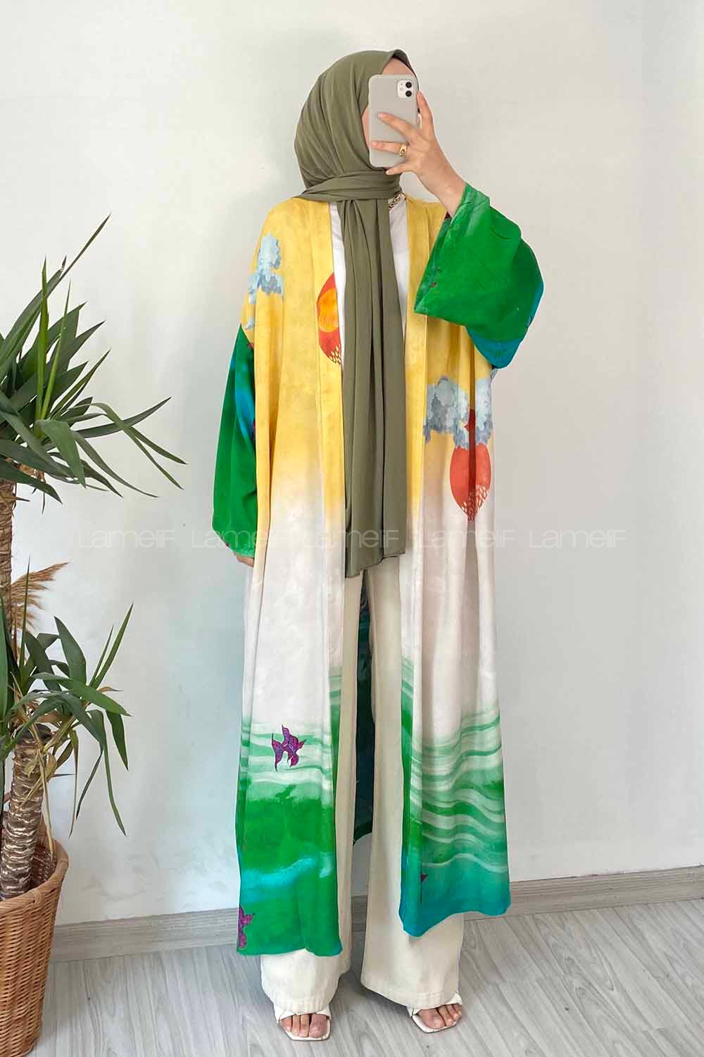 Modalamelif Desen Baskılı Kuşak Bağlamalı Kimono Sarı