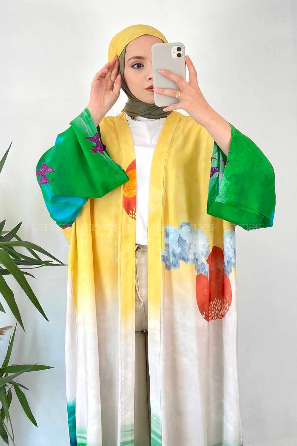 Modalamelif Desen Baskılı Kuşak Bağlamalı Kimono Sarı