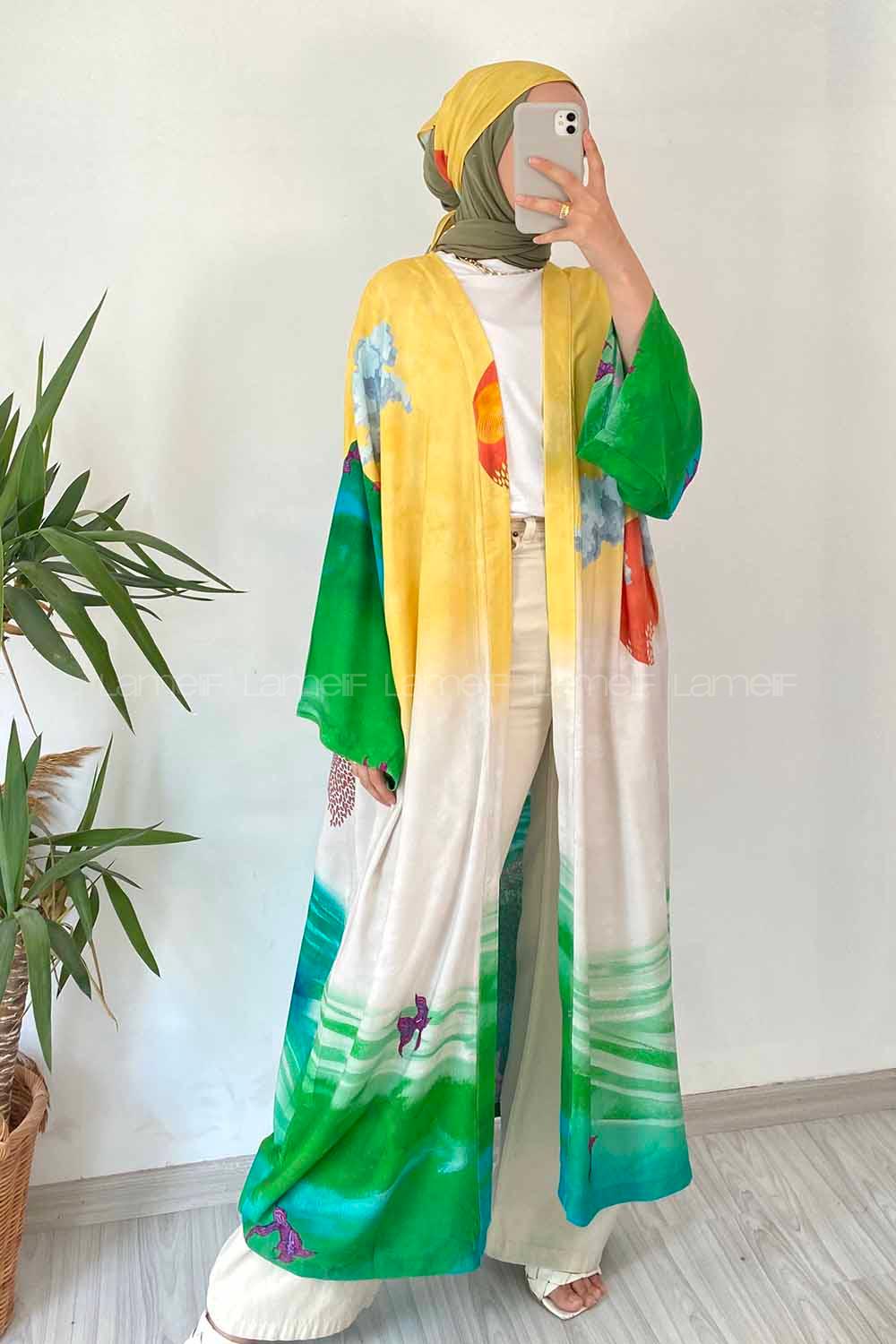 Modalamelif Desen Baskılı Kuşak Bağlamalı Kimono Sarı