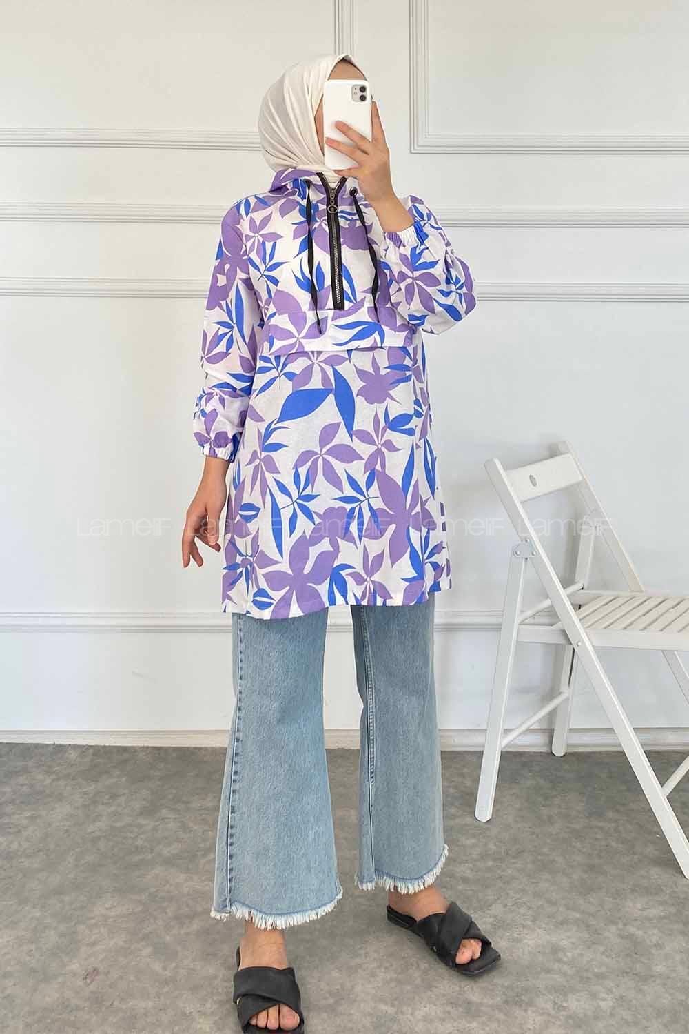 Modalamelif Kanguru Cep Yarım Fermuarlı Çiçekli Tunik Lacivert-Lila