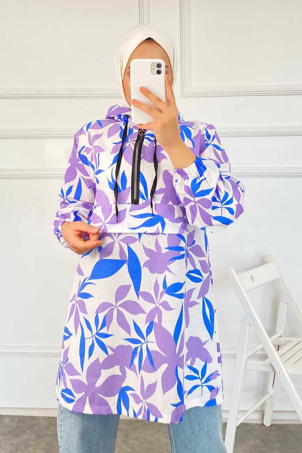 Modalamelif Kanguru Cep Yarım Fermuarlı Çiçekli Tunik Lacivert-Lila