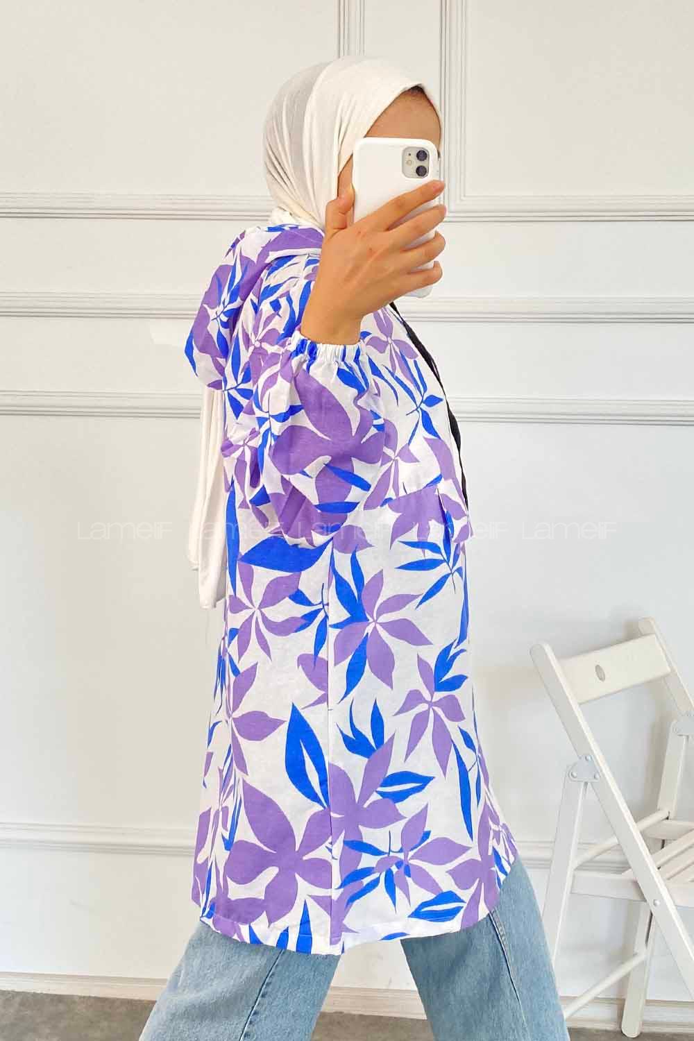 Modalamelif Kanguru Cep Yarım Fermuarlı Çiçekli Tunik Lacivert-Lila