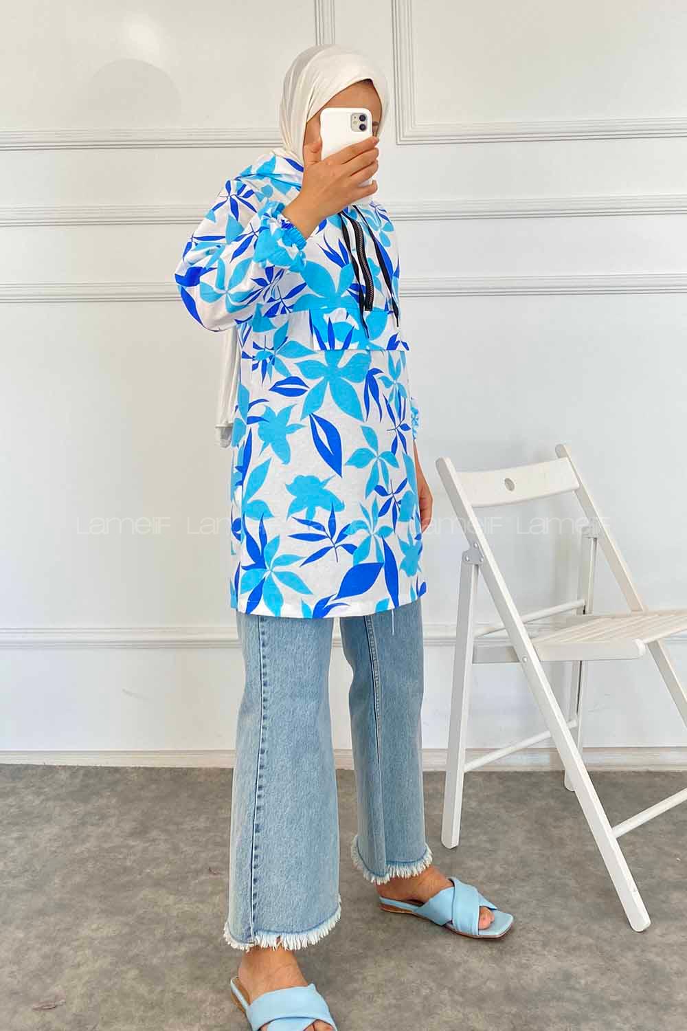 Modalamelif Kanguru Cep Yarım Fermuarlı Çiçekli Tunik Lacivert-Mavi