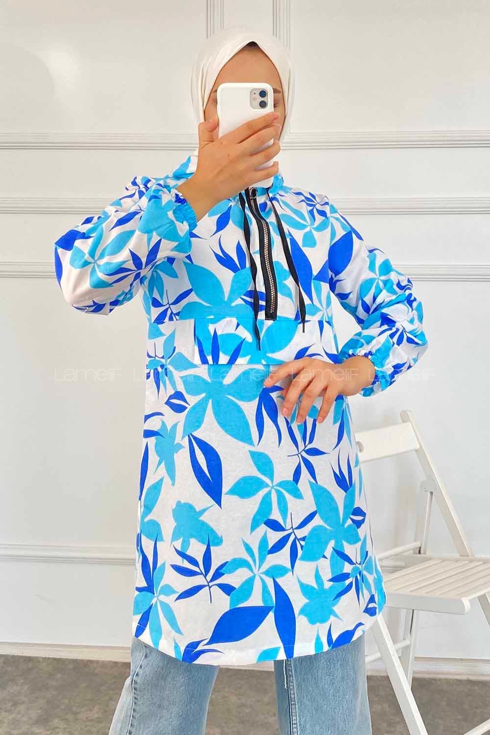 Modalamelif Kanguru Cep Yarım Fermuarlı Çiçekli Tunik Lacivert-Mavi