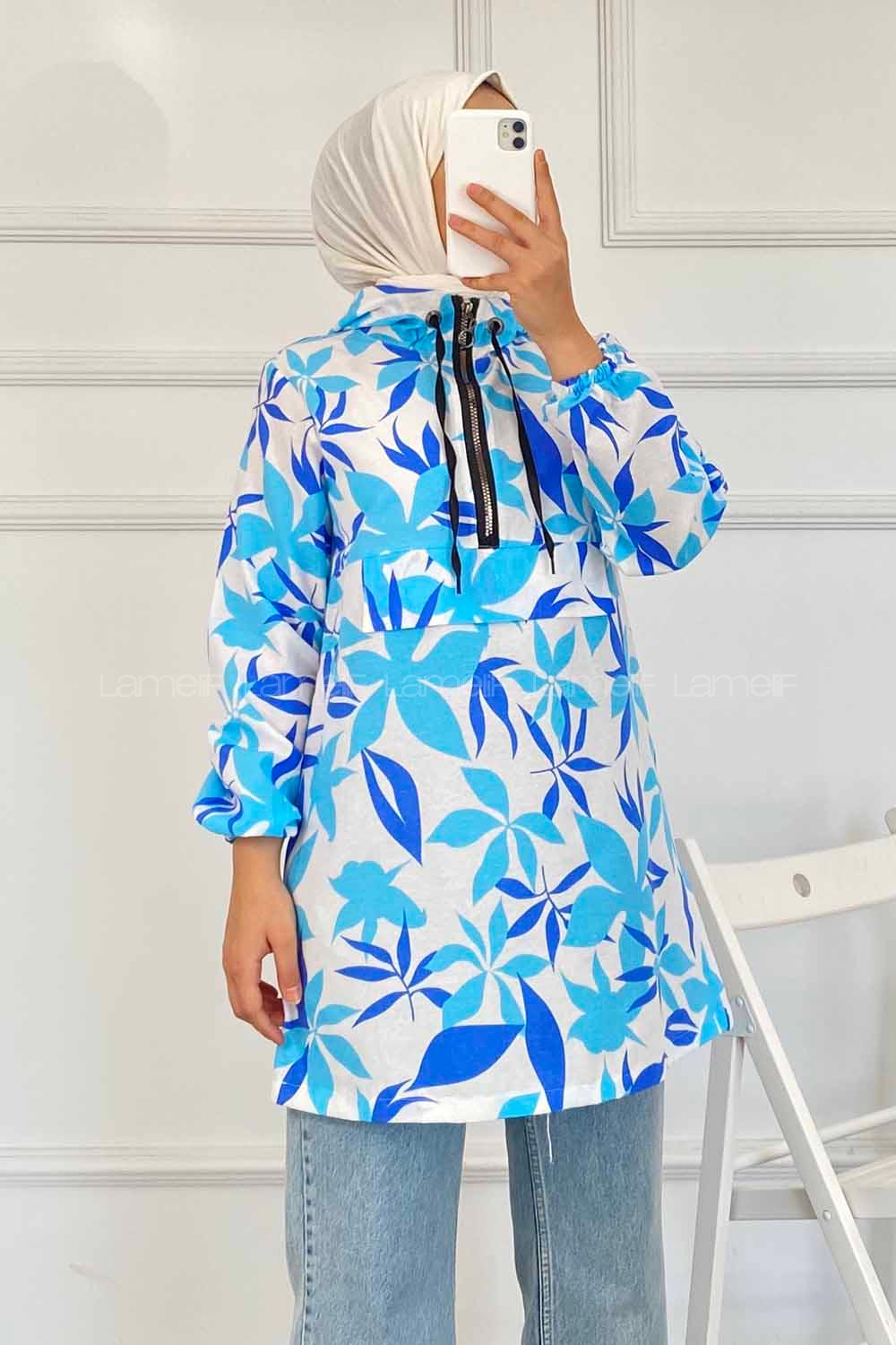 Modalamelif Kanguru Cep Yarım Fermuarlı Çiçekli Tunik Lacivert-Mavi