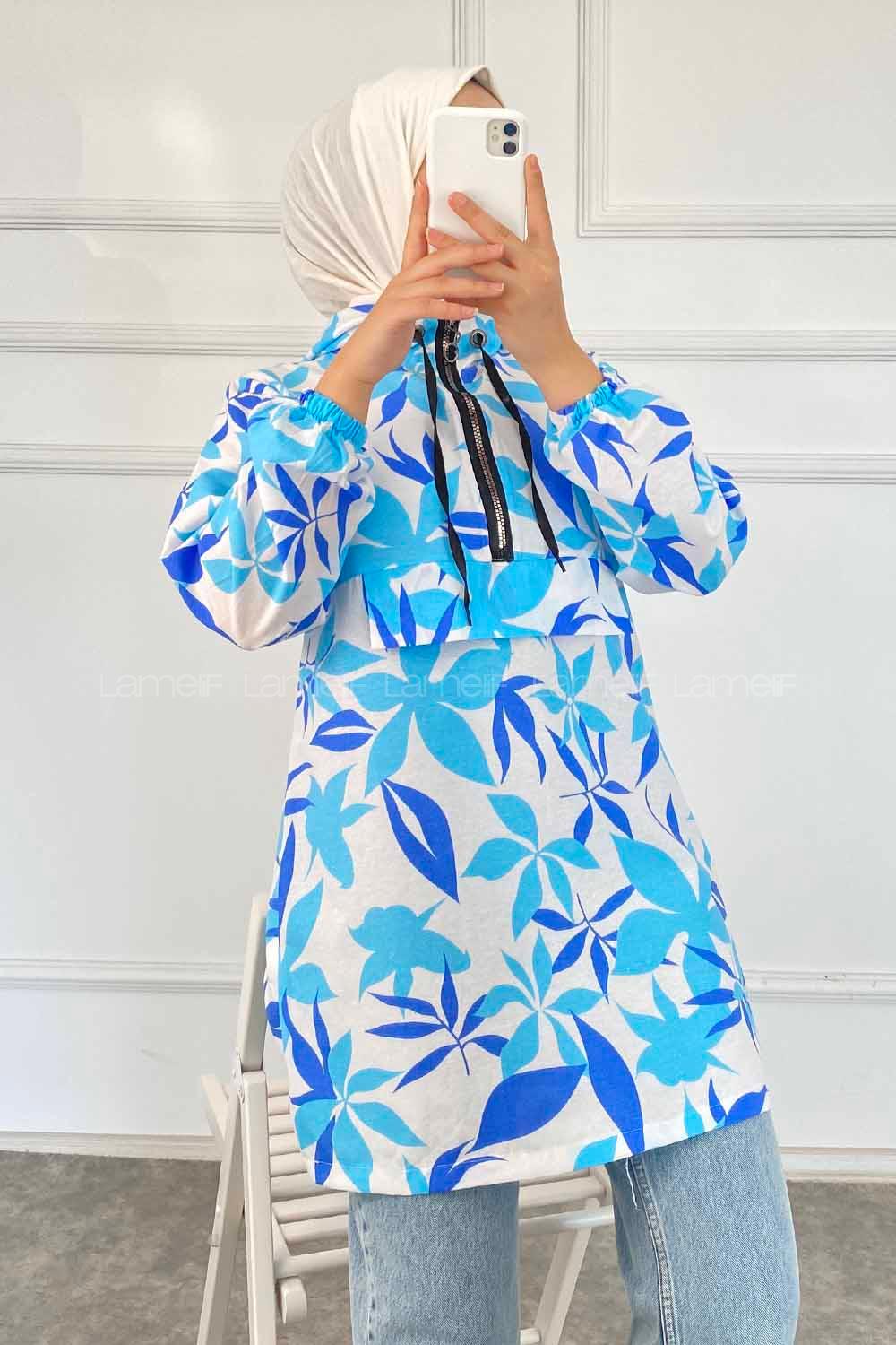 Modalamelif Kanguru Cep Yarım Fermuarlı Çiçekli Tunik Lacivert-Mavi