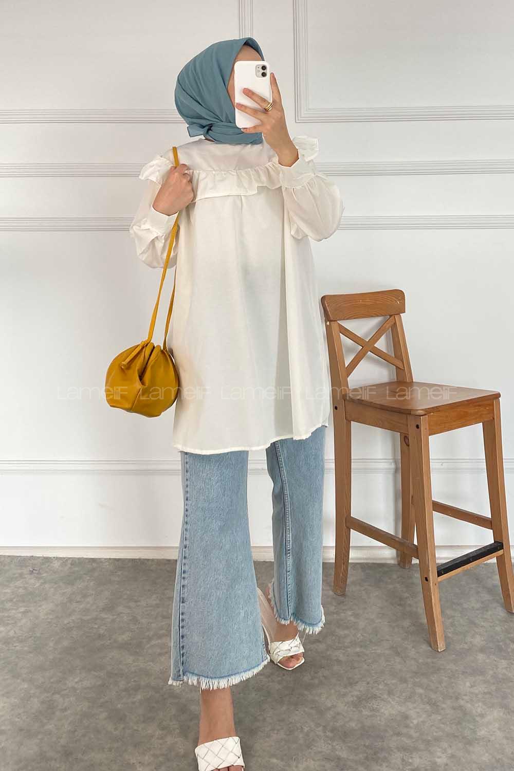 Modalamelif Önü Fırfırlı Tunik Ekru