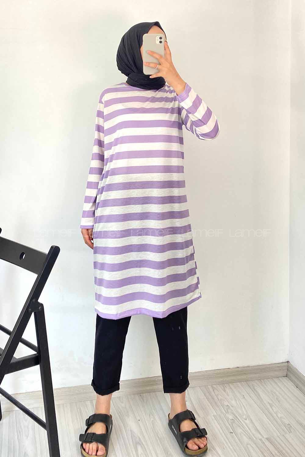 Modalamelif Salaş Çizgi Detaylı Tunik Lila
