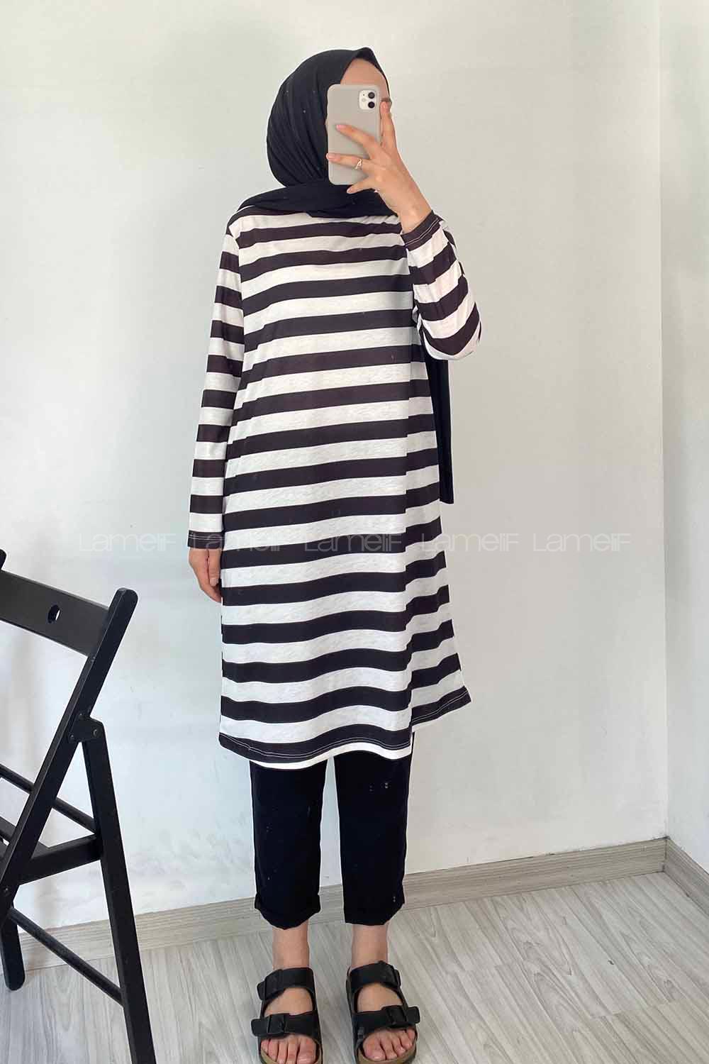 Modalamelif Salaş Çizgi Detaylı Tunik Siyah