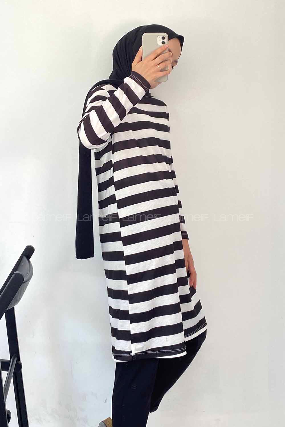 Modalamelif Salaş Çizgi Detaylı Tunik Siyah