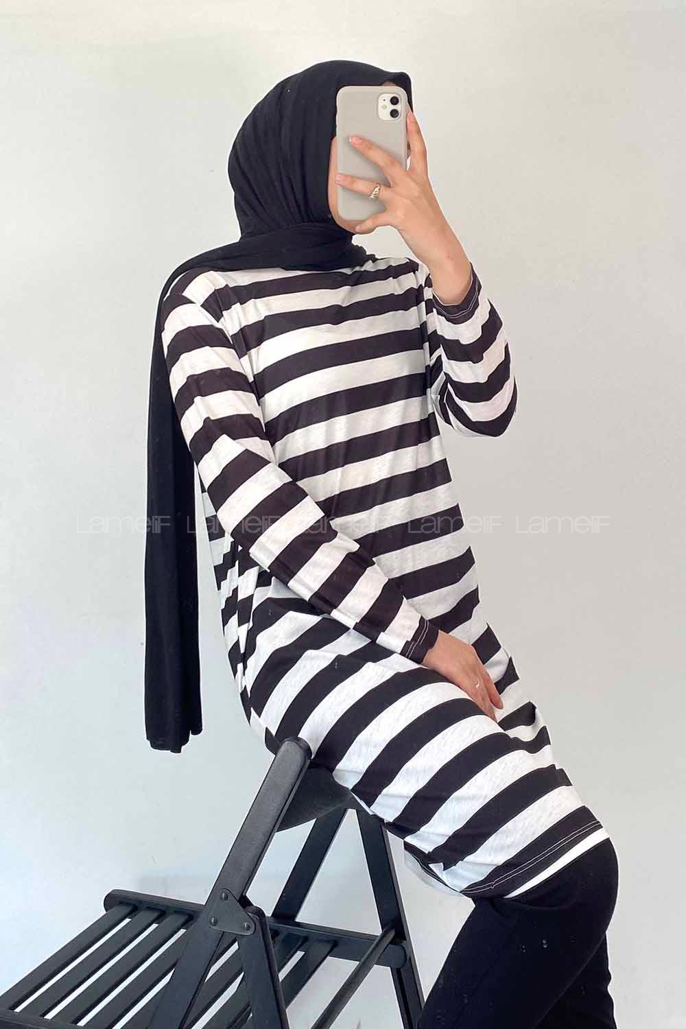 Modalamelif Salaş Çizgi Detaylı Tunik Siyah