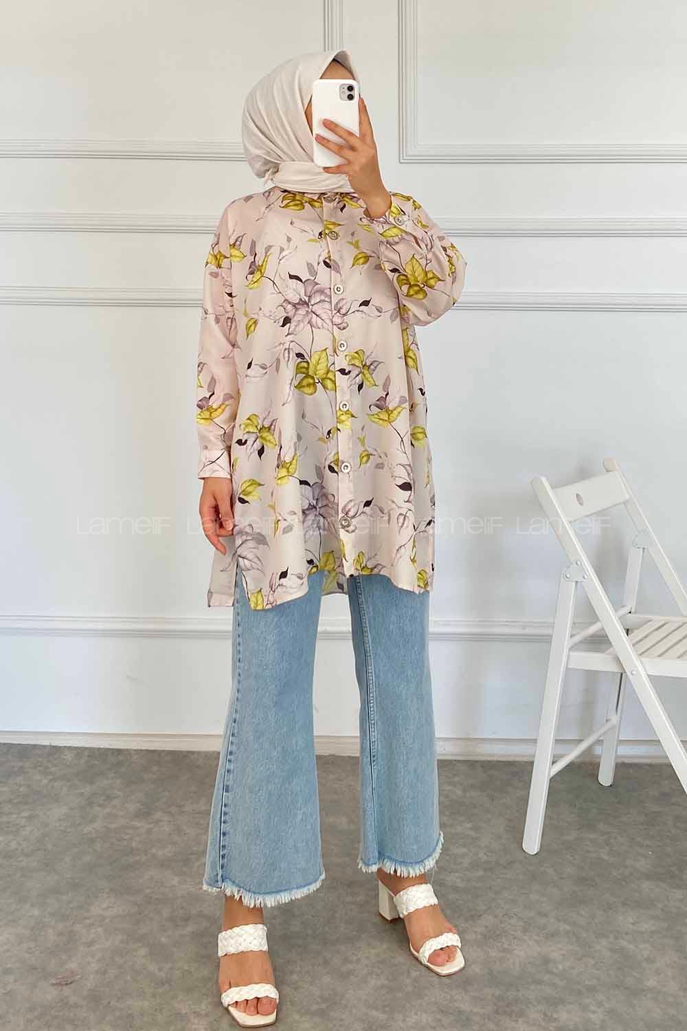 Modalamelif Yaprak Desen Dijital Baskı Gömlek Bej-Yeşil