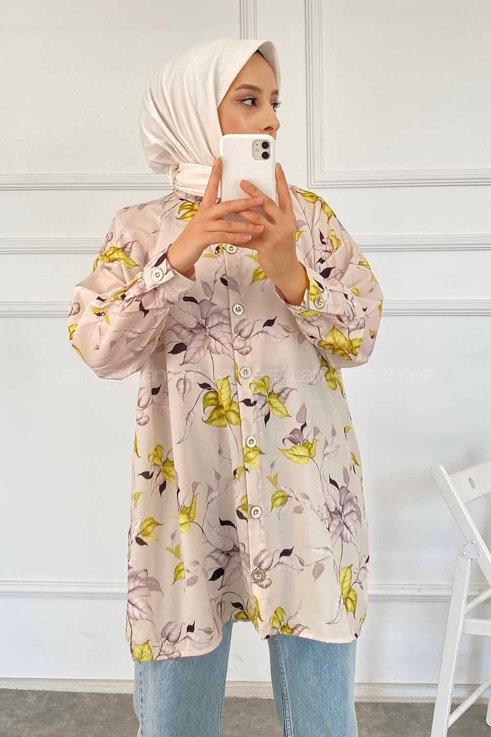 Modalamelif Yaprak Desen Dijital Baskı Gömlek Bej-Yeşil