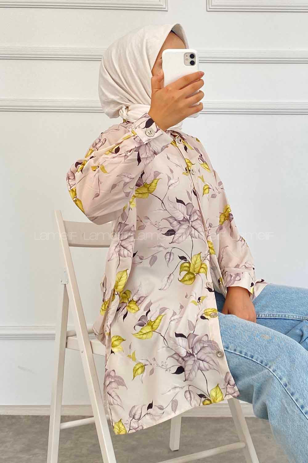 Modalamelif Yaprak Desen Dijital Baskı Gömlek Bej-Yeşil