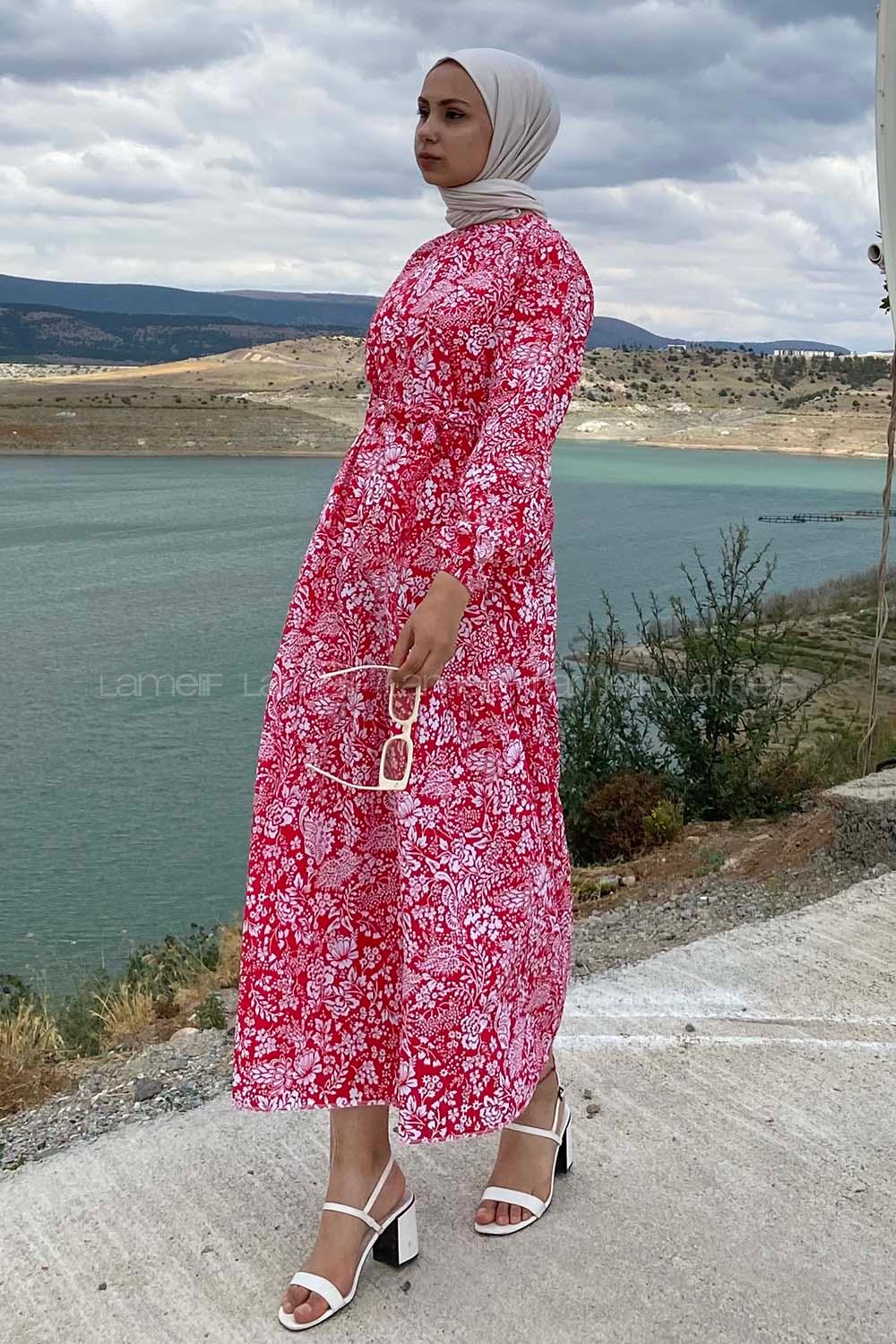 Modalamelif Çiçek Motifli Eteği Fırfırlı Kuşaklı Elbise Kırmızı