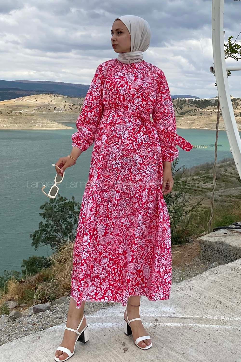 Modalamelif Çiçek Motifli Eteği Fırfırlı Kuşaklı Elbise Kırmızı