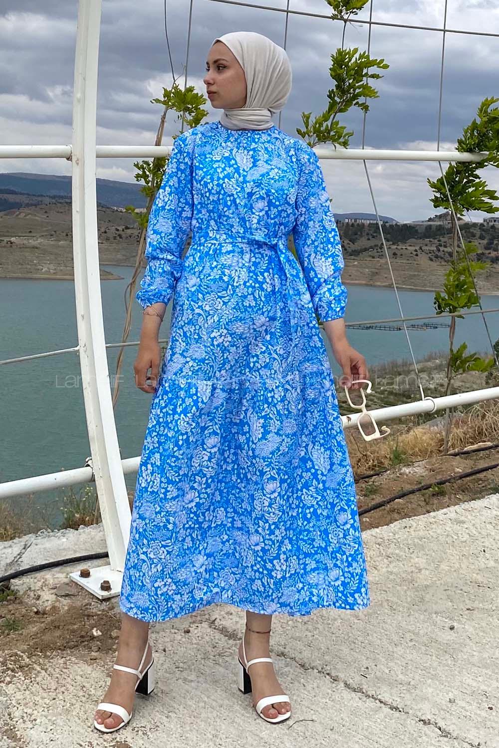 Modalamelif Çiçek Motifli Eteği Fırfırlı Kuşaklı Elbise Mavi